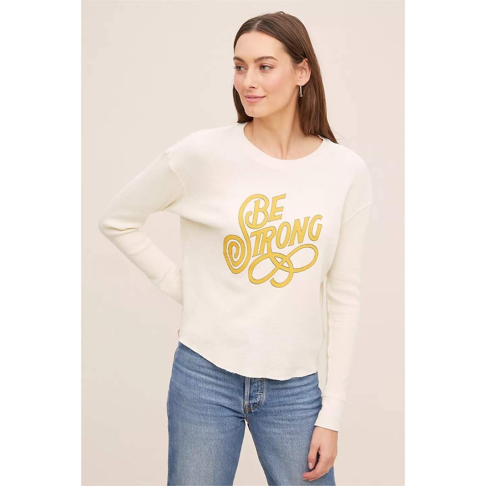 Anthropologie‎ Novia Jonatan Be Strong Thermal Waffle Knit Graphic Top XS Ivory